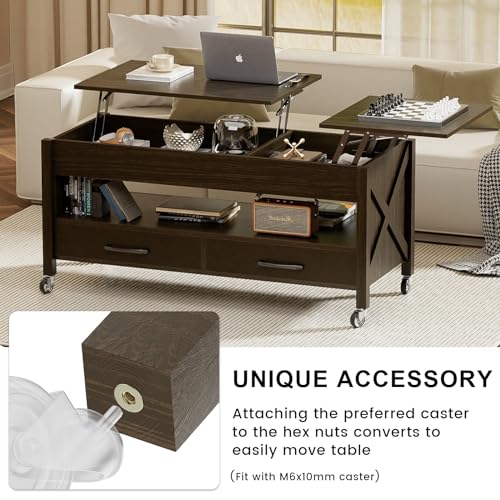 Lift Top Coffee Table for Living Room with Hidden Storage Compartment 2 Lift Tabletops Drawers and Shelf Modern Farmhouse Center Table, 47.2" Wood Rising Coffee Table, 475LBS Max Weight, Black