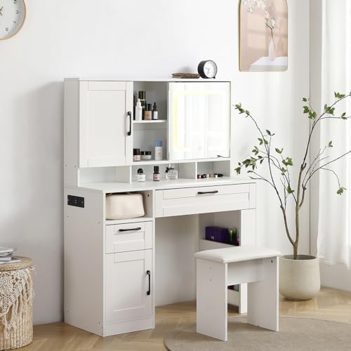 White Vanity Desk With Mirror And Cushioned Stool,Makeup Desk With Right Sliding Mirror,Vanity with Drawers and Open Shelves,Practical Fashionable Vanity Table Dressing Table for Women Girls,31in