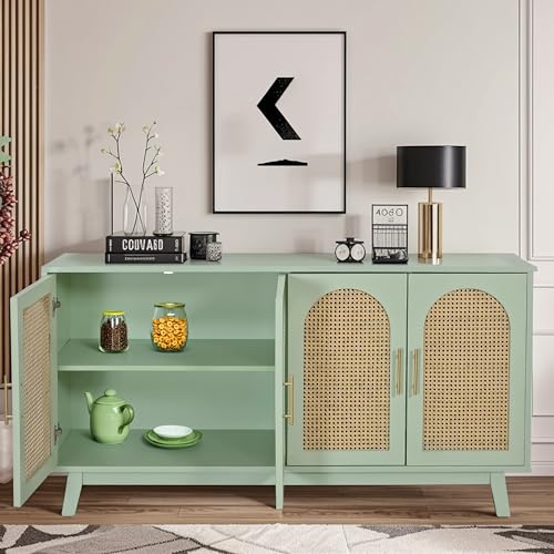 Sideboard Accent Storage Cabinet with Rattan Decorated 4 Doors Modern Freestanding Kitchen Buffet Table Cupboard Accent Cabinet for Dinging Room, Living Room, Entryway,Mint Green, M042310