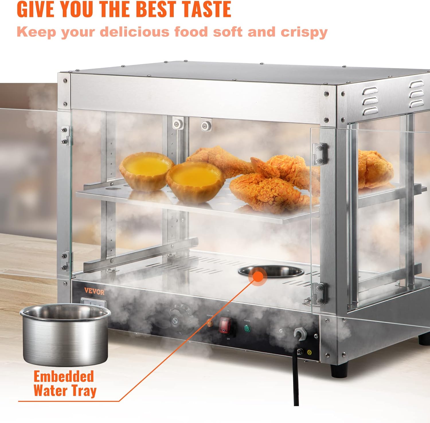 VEVOR 110V 24-Inch Commercial Food Warmer Display, 2-Tier 800W Electric Pizza Warmer Display 86-185℉, Tempered-Glass Door Pastry Display Case, Restaurant Heated Cabinet…