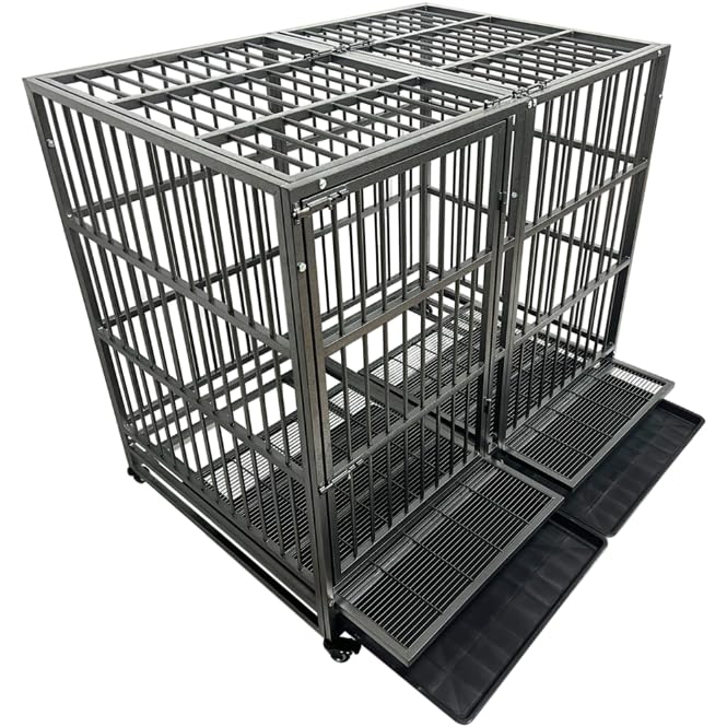 54/48/38 inch Heavy Duty Indestructible and Escape-Proof Dog Crate Cage Kennel for Large Dogs, High Anxiety Dog Crate with Removable Crate Trays, Wheels and Double Door, Extra Large XL XXL