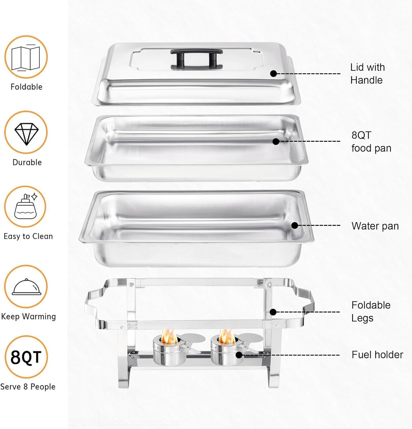 Chafing Dish Buffet Set - 4 Pack, 8 Quart Stainless Steel Chafer Buffet Servers and Warmers Set with Folding Frame for Weddings, Parties, Banquets, and Catering Eventst