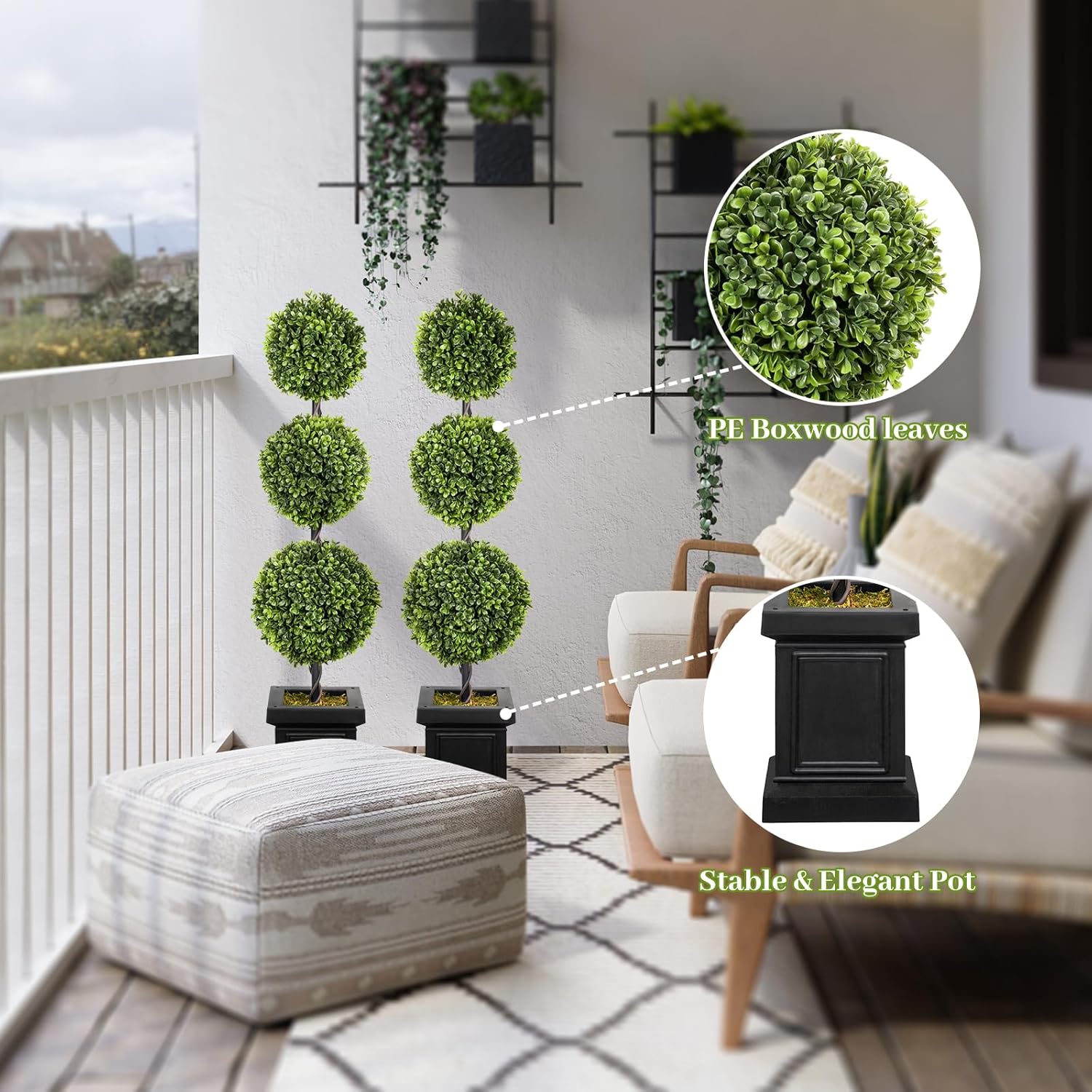 Artificial Topiary Outdoor Set of 2, 3.5ft Boxwood Outdoor Porch Trees, All-Year Green Fake Plant Topiary Trees Artificial Outdoor with Sturdy Pot for Porch Outdoor Indoor (Ball)