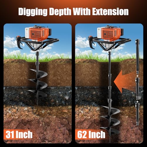 Post Hole Digger, 62cc Auger Post Hole Digger, Gas Powered Earth Digger with 2 Auger Drill Bits(6" & 8") + 3 Extension Rods, for Farmland, Garden and Plant (62CC)