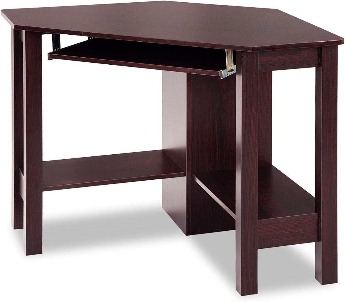 Brown Wooden Home Office Corner Student Modern Computer Desk Laptop Notebook PC Workstation Study Writing Reading Versatile Multifunctional Multipurpose Table Keyboard Shelf 2 Open Storage Space