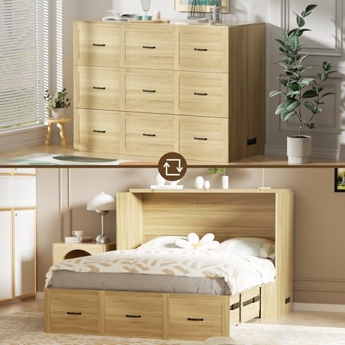 Full Size Murphy Bed Wood Wall Bed Cabinet with Large Drawer Space-Saving Hidden Foldable Platform Bed Chest Mobile Cabinet Bed Frame Storage Cabinet with USB Ports for Bedroom, Guest Room,Natural