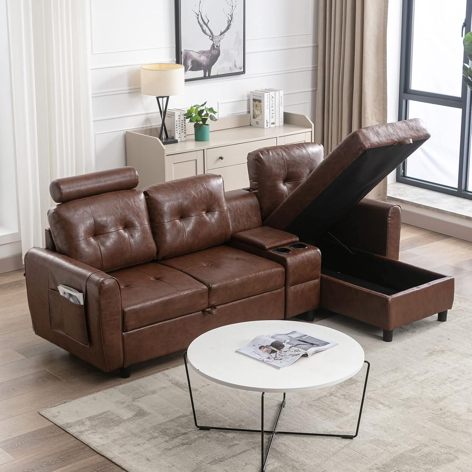 GNIXUU 89" Sectional Storage Sofa, L Shaped Couch with Cup Holders & Adjustable Headrest, 3 Seat Couches for Living Room, Small Spaces, Apartment, Brown PU Leather