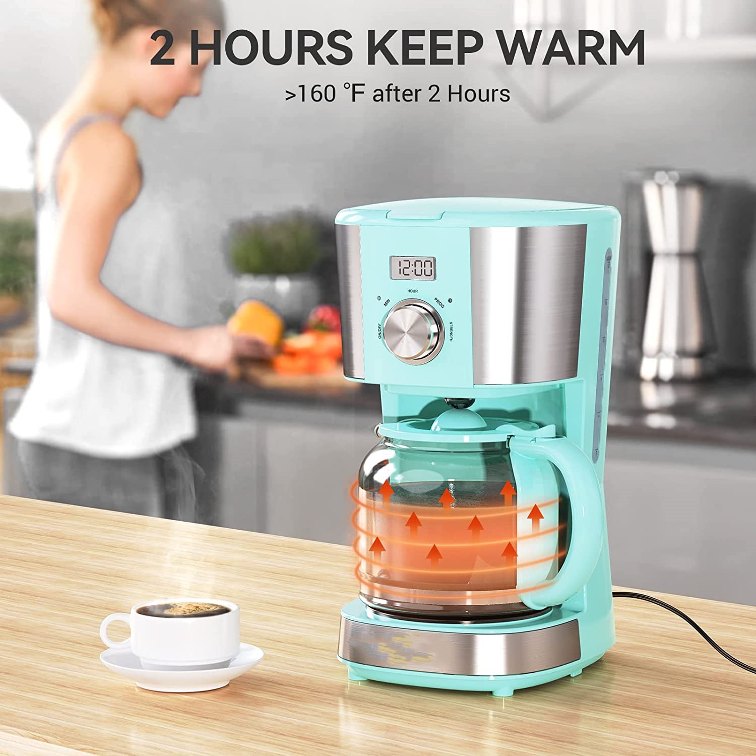 12-Cup Programmable Coffee Maker,  Drip Coffee Machine Coffee Brewer with Timer, Anti-Drip Pot, Reusable Filter, Auto Keep Warm Function for Home Office, Blue