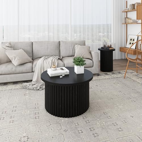 2-Piece Cloud Shape Living Room Coffee Table Set, Wooden Modern Nesting Table Coffee Table Set of 2 End Table for Living Room,Stacking Side Tables,No Need Assembly,Black