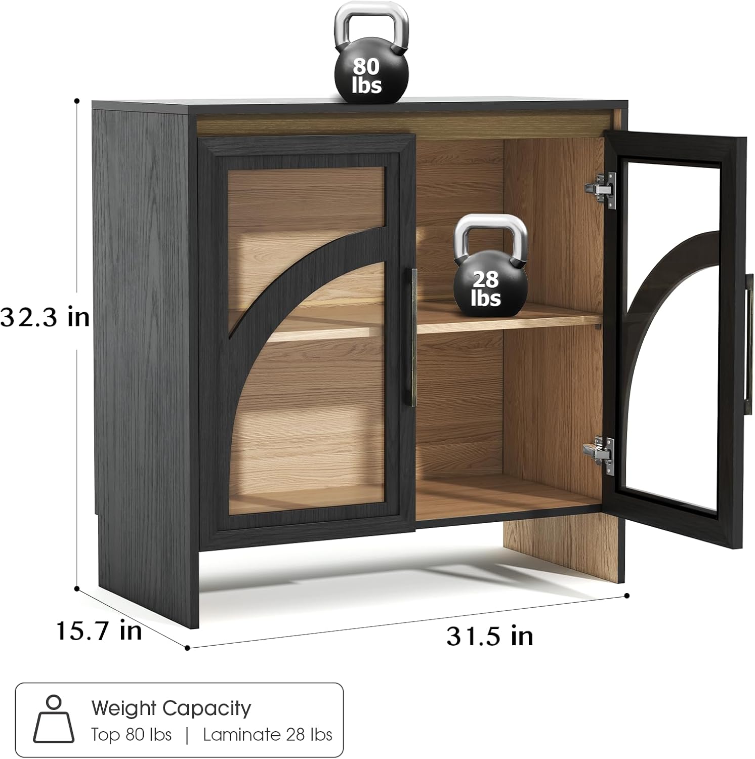 Modern Accent Cabinet,Sideboard Buffet Cabinet with Storage,Arched Cabinet with Glass Door,Credenza Storage Cabinet with Adjustable Shelf for Living Room,Entryway,Dinning Room,Black