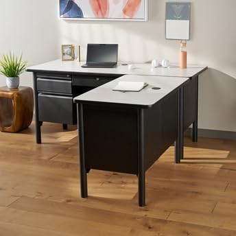nbf signature series Stahl Double Pedestal L Shaped Desk with Center Drawer - 66" W x 72" D Gray Top/Black Steel Frame, Ergonomic Computer Office Corner Working PC Desk