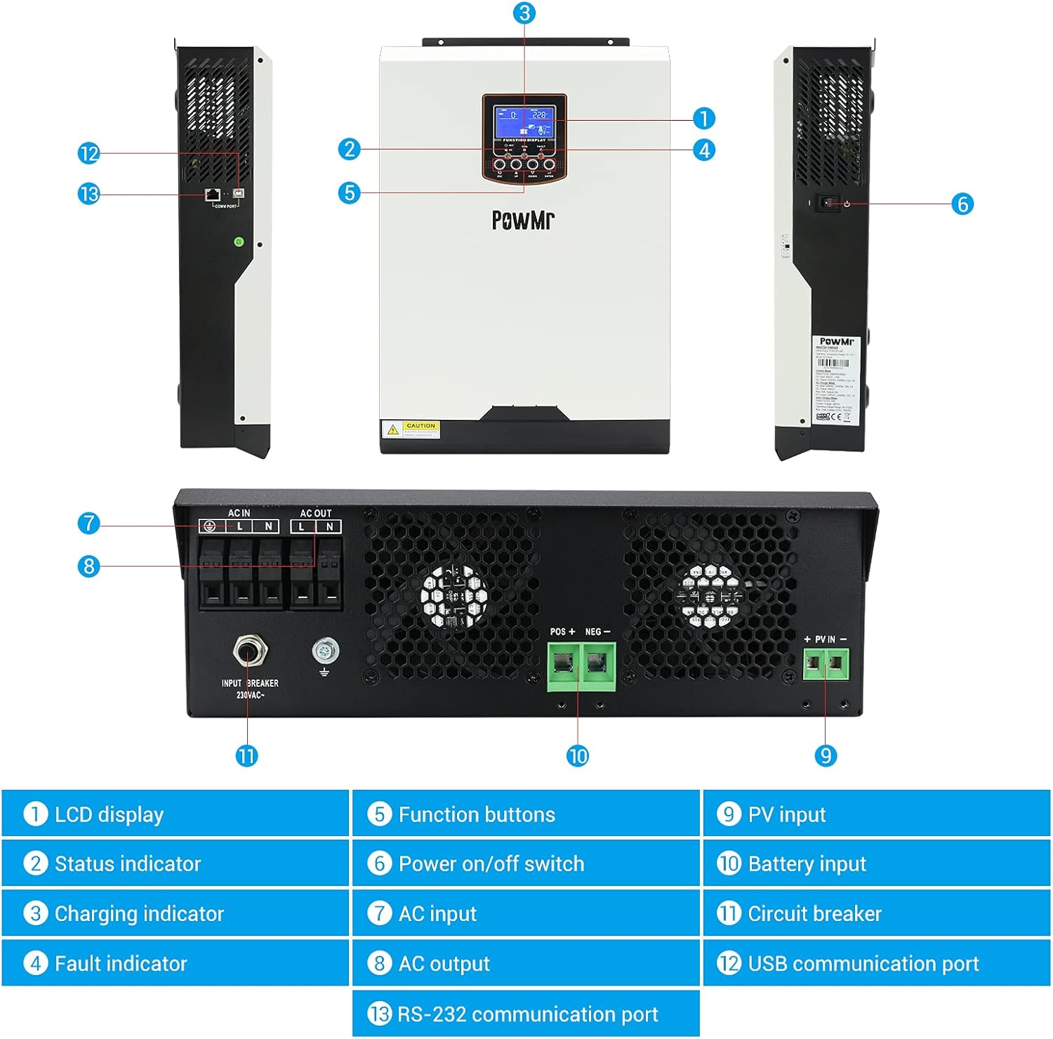 PowMr 5000W Pure Sine Wave Inverter Single Phase 48v DC to 230V AC Built-in 60A MPPT Charge Controller,Hybrid Inverter Support Utility/Generator/Solar Charge