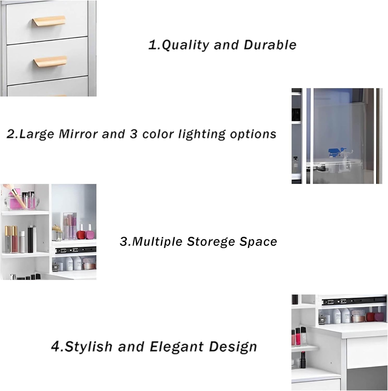 Vanity Desk with Mirror and Lights, Makeup Desk with Drawers and Shelves,3 Color Lighting Brightness Adjustable,Modern Makeup Vanity Table Set with Stool for Woman,Girl,Hidden Storage Space,White