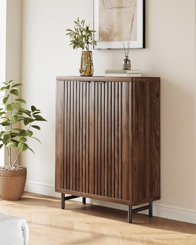 LITTLE TREE 6-Tier Shoe Cabinet with Doors for Up to 24 Pairs, Large Wooden Shoe Storage Cabinet with Adjustable Shelves, Retro Freestanding Shoe Organizer Cabinet for Entryway, Hallway, Dark Walnut