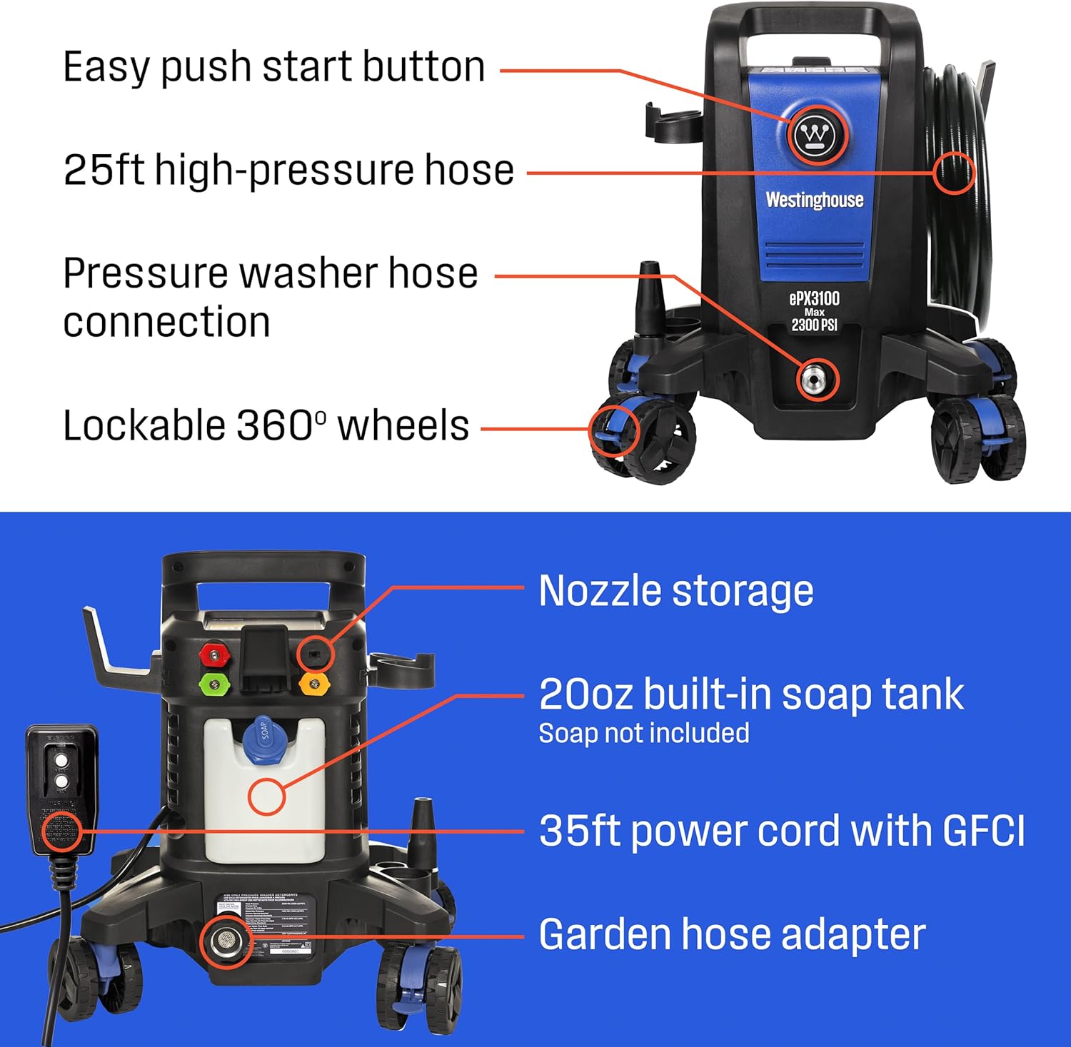 Westinghouse ePX3100 Electric Pressure Washer, 2300 Max PSI 1.76 Max GPM & Westinghouse Outdoor Power Equipment Pressure Washer 6-in-1 Nozzle Attachment