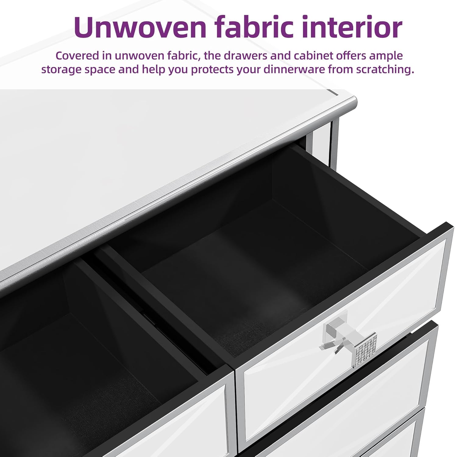 DWVO Silver Mirrored 5 Drawer Dressers for Bedroom, 35" Accent Chest with Drawers, with 5 Storage Drawers and Wood Legs, Fully Assembled Mirrored Nightstand for Bedroom, Living Room