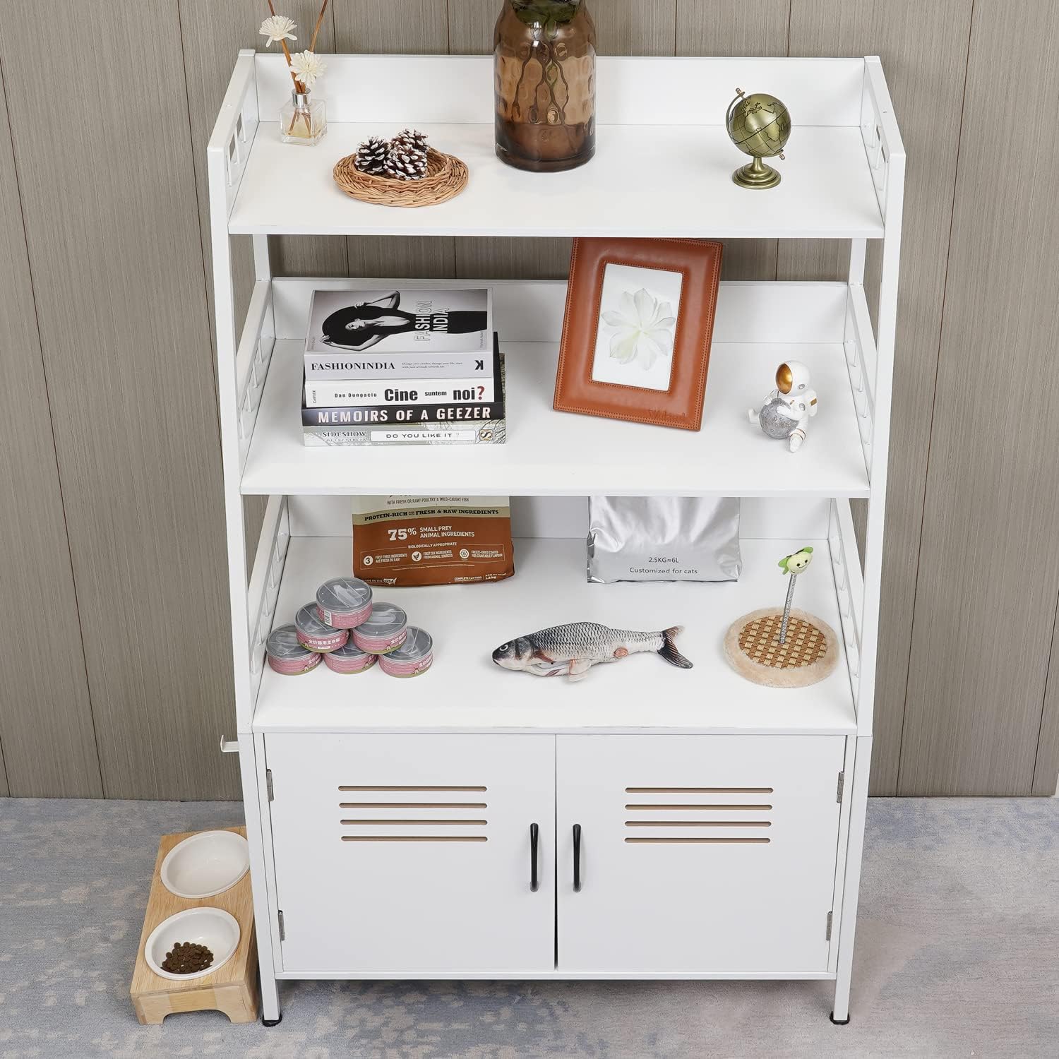 Hidden Cat Litter Box Enclosure Furniture with Shelf Storage and 2 Doors, Wooden Cat Cabinet Sturdy Cat Washroom with Scratch Pad White