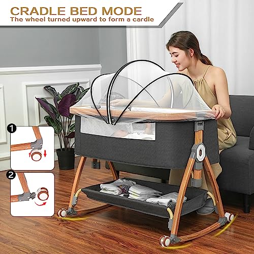 Bedside Bassinet for Baby,Baby Bassinet Bedside Sleeper,Bassinet Bedside Sleeper with Wheels,Storage Basket,Mosquito Nets,Easy to Assemble Bassinet for Newborn/Infant,Adjustable Bedside Crib