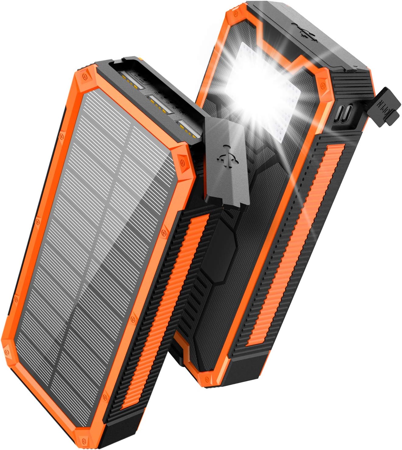 Solar Charger 30000mAh, Solar Power Bank, PD 18W QC 3.0 Quick Charge with 4 Outputs Dual Inputs USB Type C, External Backup Battery Huge Capacity Phone Charger for iOS and Android (Orange) Pack of 2