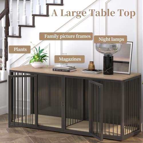 Large Dog Crate Furniture for 2 Dogs, 71.6'' All Steel Frame Dog Crate with Double Doors, Heavy Sturdy Dog Kennel for Small Medium Large Dog, Indoor Double Dog Cage with Wooden Top (White)