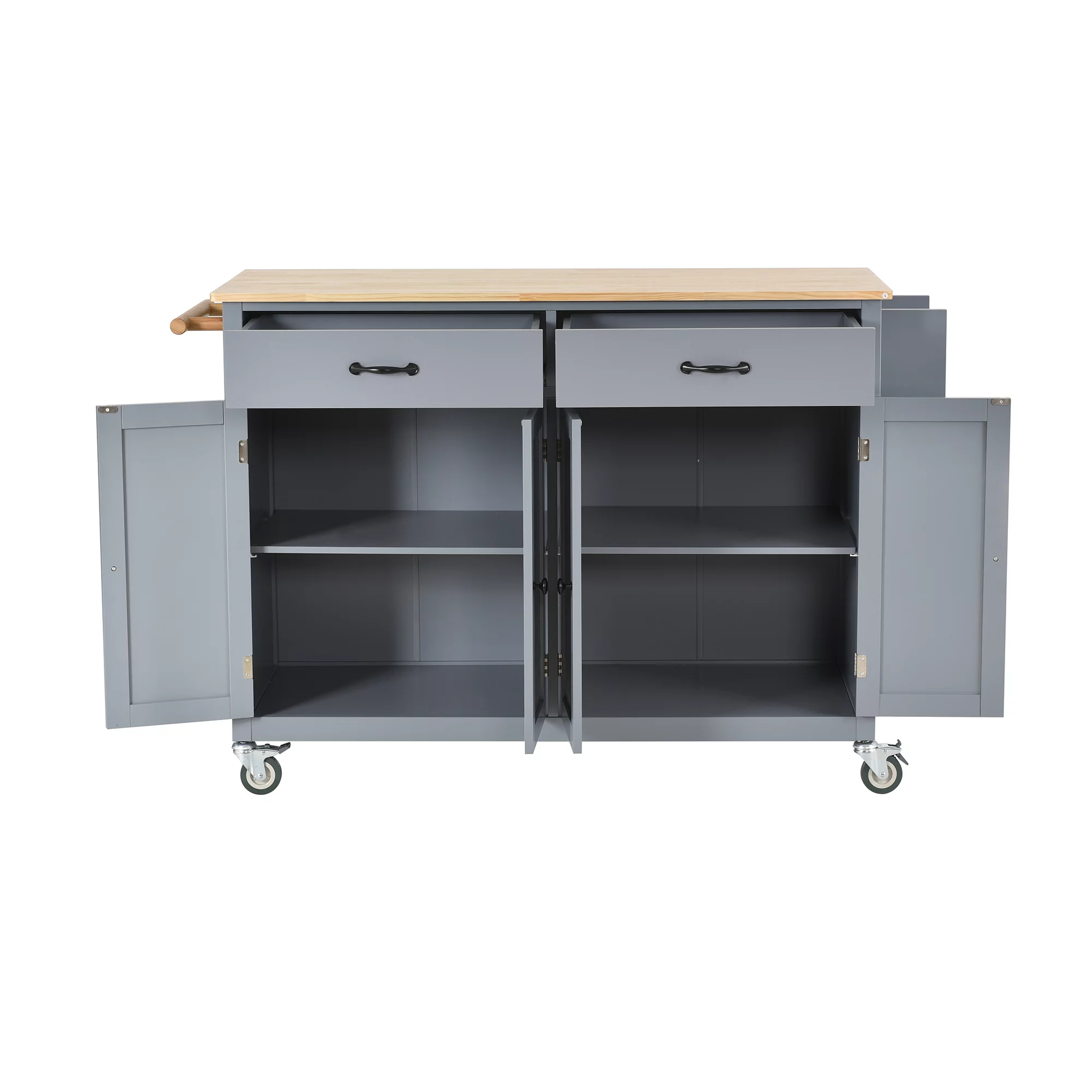 EUROCO Kitchen Island Cart with Solid Wood Top and Locking Wheels, 4 Door Cabinet and Two Drawers, Spice Rack and Towel Rack, Gray