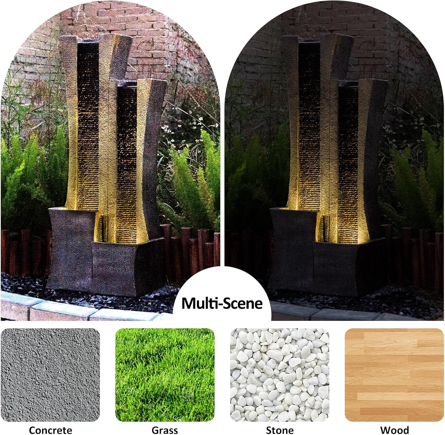 Modern Outdoor Water Fountain Indoor Cascading Floor-Standing Fountains with Led Lights 2-Curved Column Garden Waterfall for Backyard Patio Porch Deck Home 39.76” H