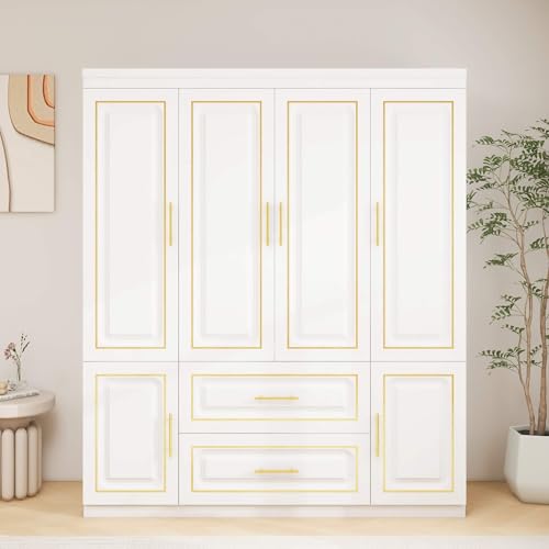 WRR 74" Bedroom Armoire Wardrobe Closet Cabinet with Drawers,3 Doors Wooden Wardrobe Closet with 2 Drawers & Hanging Rod Wooden Closet Cabinet for Large Capacity, Tall Wardrobe Storage Cabinet White