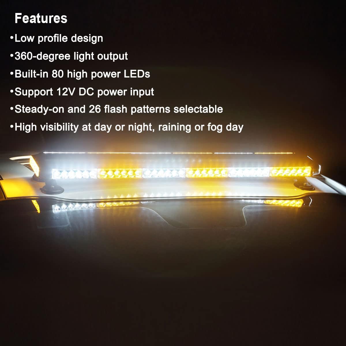 Roof Top Safety Flashing 80 LED Amber White Emergency Strobe Light Bar for Trucks Snow Plows Construction Vehicles, WOWTOU Strong Magnetic Double Side Caution Warning Beacon Lights