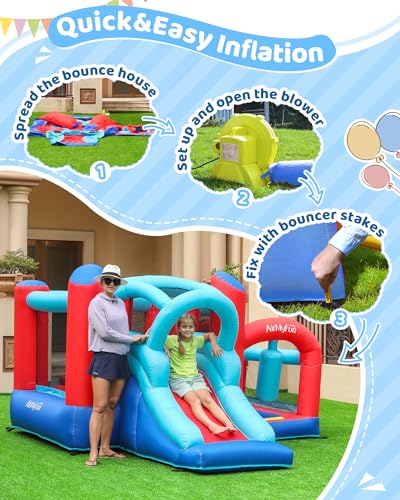 Bounce House, Bouncy House with Slide, Indoor Outdoor Inflatable Bounce House for Kids, Bounce Castle with Jumping House, Ball Pit, Basketball Hoop and Target Balls