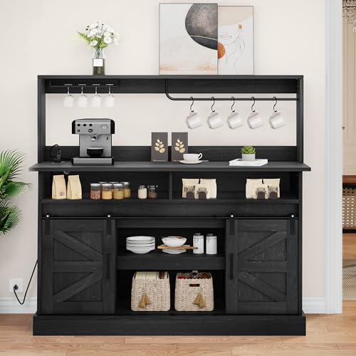 YITAHOME 52" Farmhouse Buffet Cabinet with Storage, Sliding Barn Door, Sideboard Cabinet with Goblet Holder, 5 Hooks and Power Outlets, Coffee Bar Cabinet for Kitchen, Living Room (White)