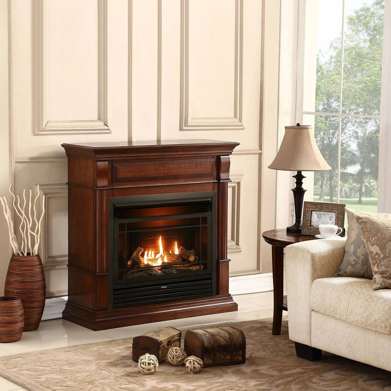 Duluth Forge Dual Fuel Ventless GAS Fireplace - 26,000 BTU, Remote Control, Auburn Cherry Finish
