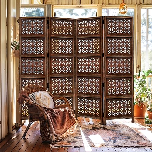Room Divider Wood Screen - Ghanti Bells Antique Brown - 4 Panel Folding 72 x 80 - Assembled Hand Carved Decorative Functional Versatile Portable Partition Reversible Privacy Boho - COTTON CRAFT