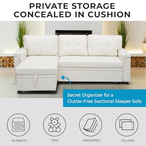 Naomi Home Jenny Sectional Sofa Sleeper with Storage Chaise, Tufted Pull Out Couch with Storage, L-Shaped Reversible Sleeper Sofa with Storage, Black,Air Leather