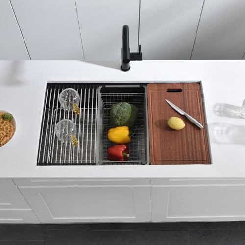 30 In Black Undermount Workstation Kitchen Sink - Dorzom 30”x19” In Metallic Matte Black Stainless Steel Under Mount 18 Gauge 10 Inch Deep Single Bowl Workstation Ledge Kitchen Sink with Accessories