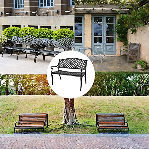 Outdoor Patio Garden Bench All-Weather Cast Aluminum Loveseats Park Yard Furniture Porch Chair Work Entryway Decor w/Checkered Design (Black)