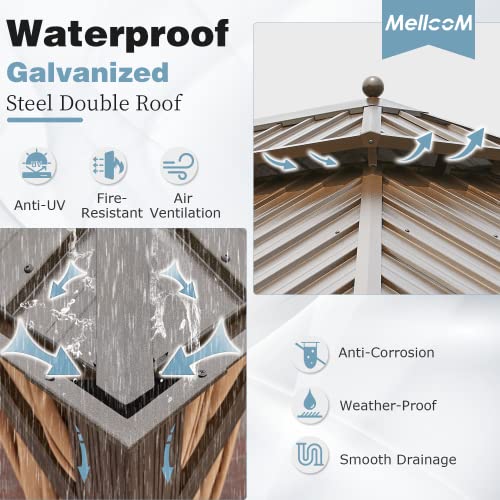 MELLCOM 12'x16' Hardtop Gazebo, Galvanized Steel Metal Double Roof Canopy with Curtains and Netting, Brown Permanent Pavilion Gazebos with Aluminum Frame for Garden, Patio, Lawns, Deck