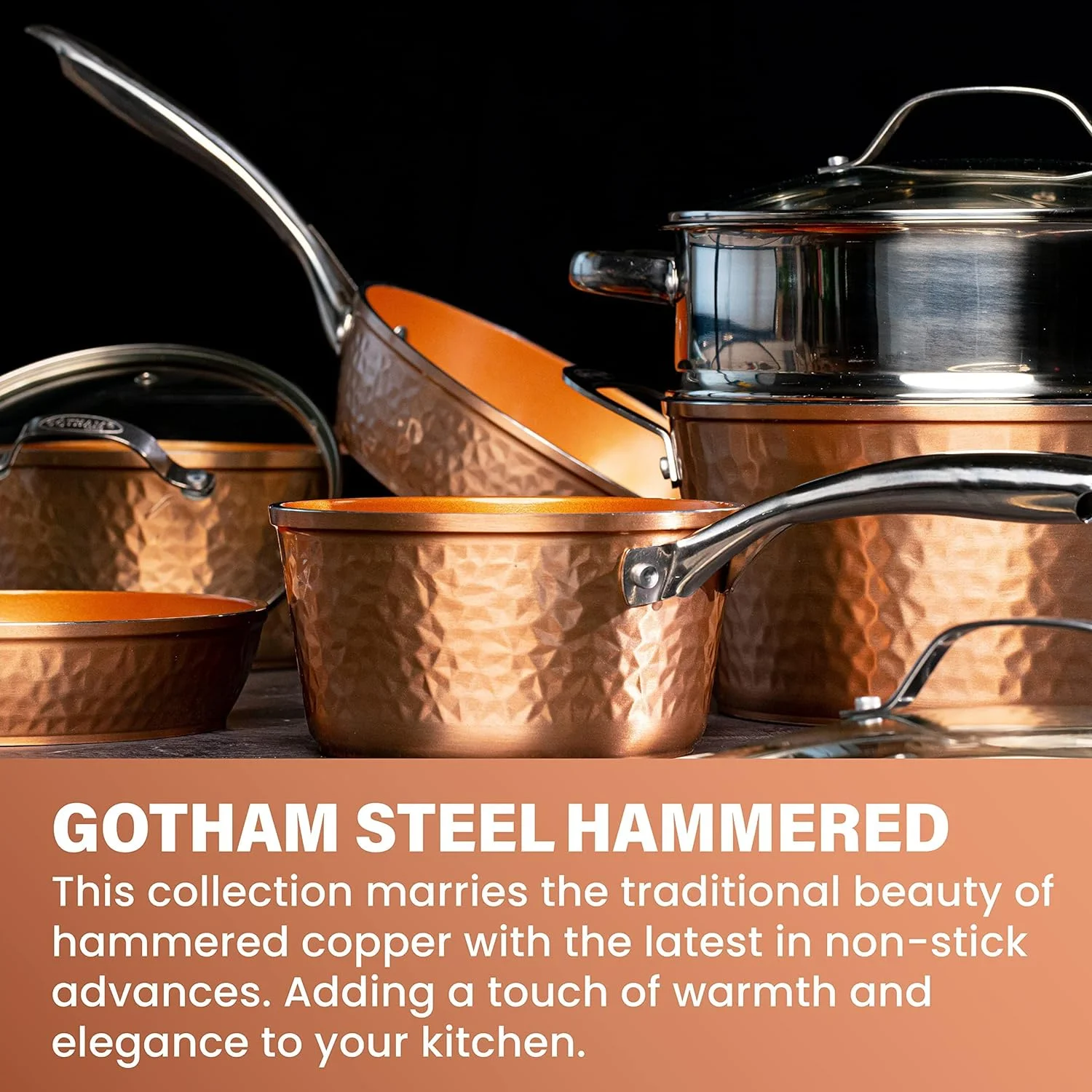 WAGEE Hammered Copper Collection – 20 Piece Premium Pots and Pans Set Nonstick Ceramic Cookware + Bakeware Set for Kitchen, Induction/Dishwasher/Oven Safe, Healthy and Non Toxic