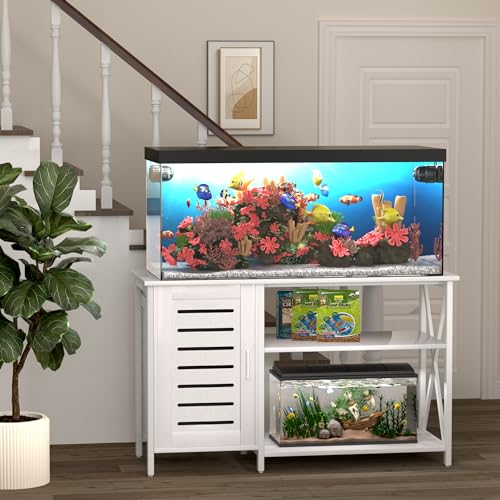 55-75 Gallon Fish Tank Stand, Aquarium Stand with Power Outlets and Cabinet for Fish Tank Accessories Storage, Heavy Duty Metal Frame, 52" L*19.68" W Tabletop, 1200LBS Capacity, White PG05YGW