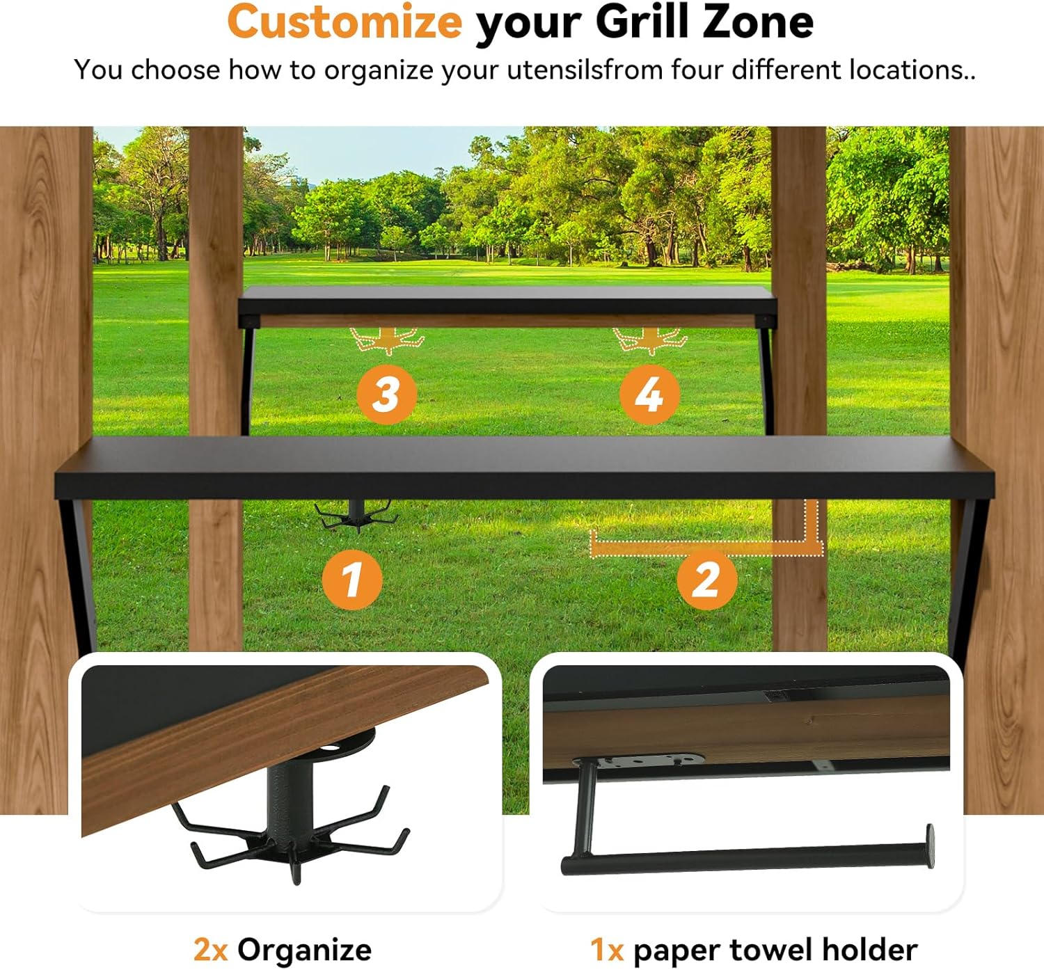 Modern Shade Grill Gazebo 6' X 8', Cedar Wood Gazebo with Shelves and Paper Towel Holder, Patio Gazebo with Galvanized Steel Roof, USB and USB-C Charging Ports, BBQ Gazebo for Patio Backyard