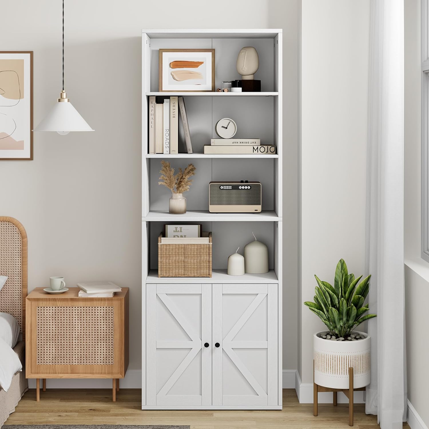 Farmhouse Bookcase with Doors Industrial Bookshelf White Display Storage Shelves 71.4in Tall Bookcases Wooden 6 Shelf Bookshelvels for Bedroom, Living Room, Home Office