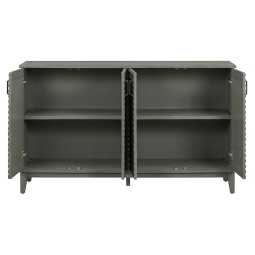 Retro Style Sideboard with 4 Door, Large Storage Buffet with Adjustable Shelves and Metal Handles, Wooden Accent Storage Cabinet for Kitchen, Living Room, Dining Room (Antique Gray-010)