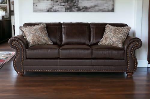 Traditional Western Sofa & Loveseat Set with Nailtrim Head and Faux Leather, Fully Assembled Living Room Furniture Sets MADE in USA (Brownie)