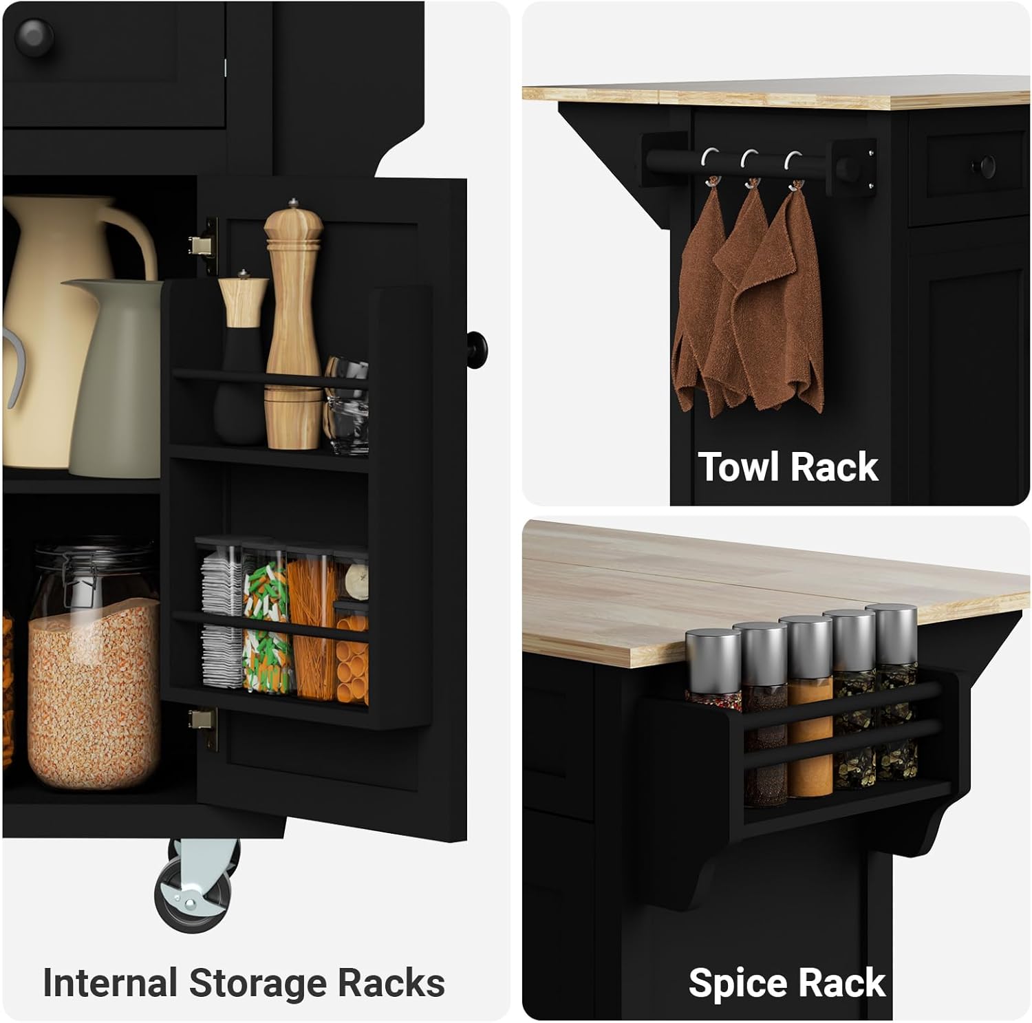 Rolling Kitchen Island with Drop Leaf Rolling Mobile Kitchen Island with Storage 53in Wood Portable Island for Kitchen,with Drawer and Storage Cabinet, Spice Rack, Towel Rack, Black