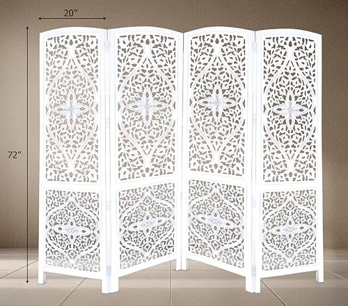 Room Divider Wood Screen - Ghanti Bells Antique Brown - 4 Panel Folding 72 x 80 - Assembled Hand Carved Decorative Functional Versatile Portable Partition Reversible Privacy Boho - COTTON CRAFT