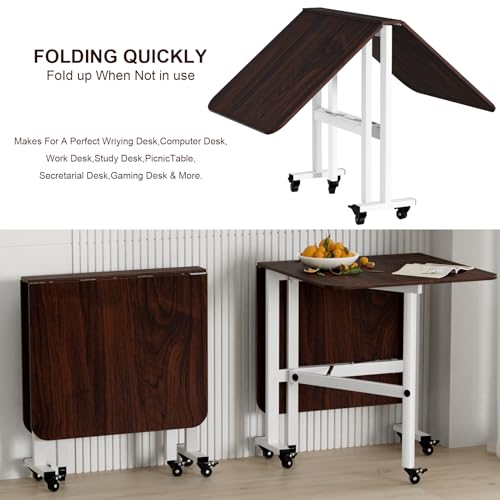 Folding Dining Table,Drop Leaf Dining Table,Foldable Expandable Table,Solid Wooden Foldable Workstation Desk with 6 Wheels,Rectangular Table for Kitchen Bedroom Living Room Bistro Brown