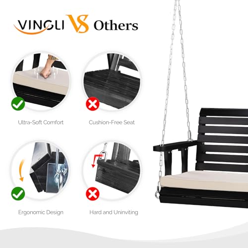 VINGLI Heavy Duty 880 LBS Patio Wooden Porch Swing Outdoor with Extra Cushion, Farmhouse Hanging Bench Tree Swing with Adjustable Chains for Yard | Garden | Lawn | Balcony (5 FT, Rustic)
