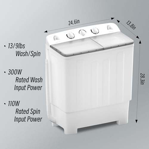 Portable Twin Tub 32lbs Washing Machine with Drying Rack&10 Hangers, 20lbs Washer Mini Compact Laundry Machine and 12lbs Spinner, Semi-automatic Washer Combo for Dorms, Apartment (32lbs)
