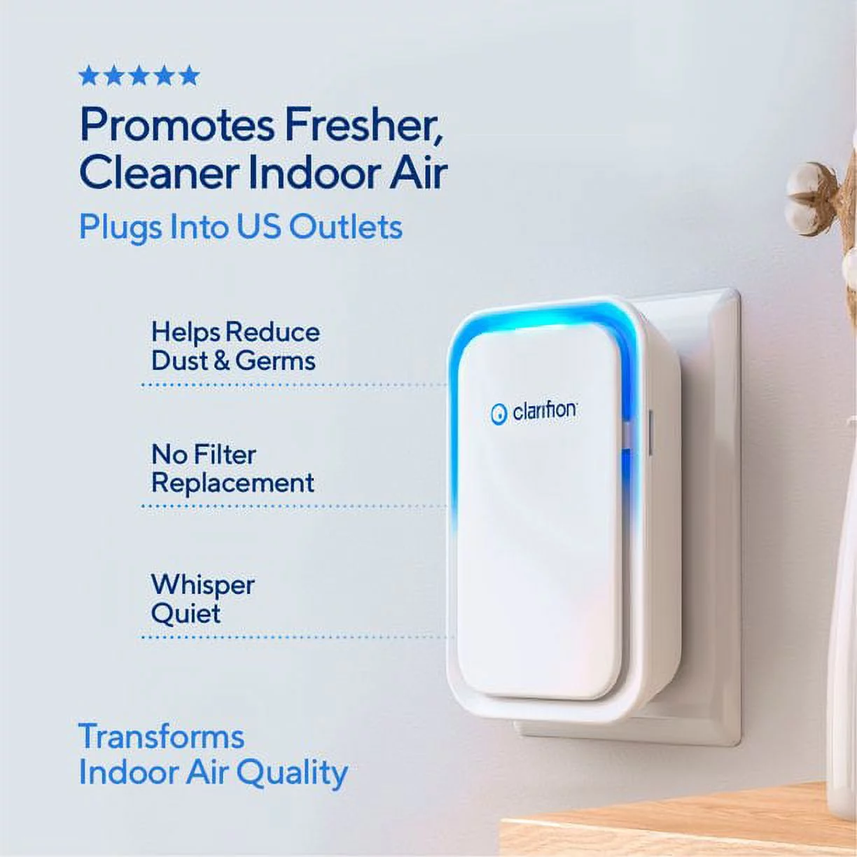 Clarifion - Negative Ion Generator with Highest Output (6 Units) Filterless Mobile Ionizer, Plug in, Eliminates: Smoke, Viruses, Allergens & More