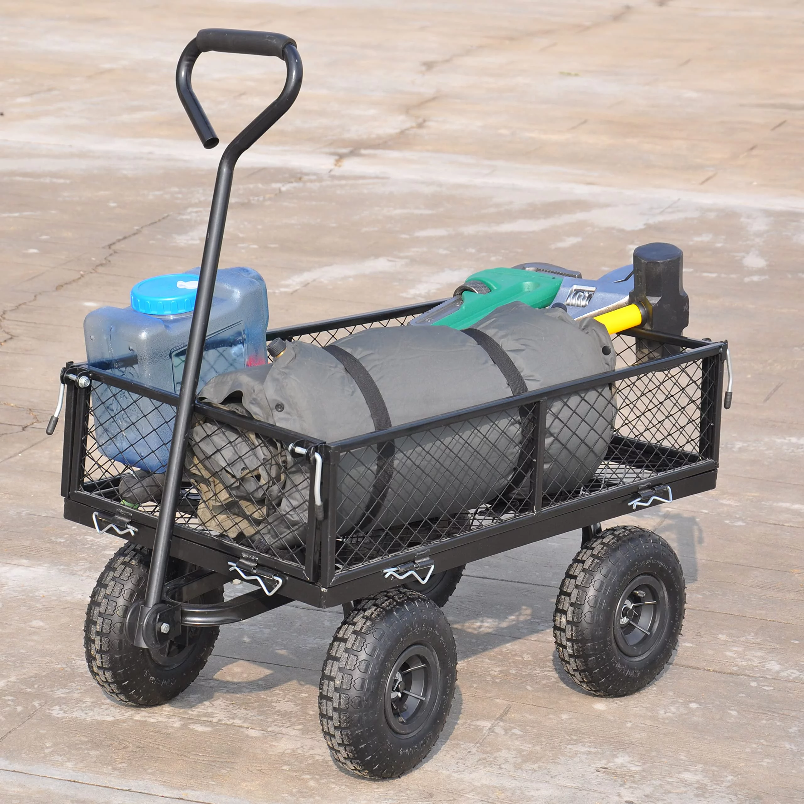 Steel Garden Cart Flatbed with Removable Sides, 550LBS Heavy Duty Yard Cart with 180° Rotating Handle and 10 Inch Tires, 3.5 Cu.ft Capacity, Foldable Metal Wagon for Garden, Farm, Yard, Black