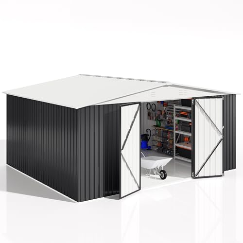 12x14 FT Outdoor Storage Shed, Garden Shed with Updated Frame Structure and Lockable Doors, Metal Tool Sheds for Backyard Garden Patio Lawn, White